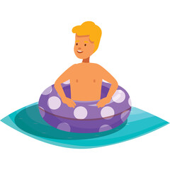 Joyful blond man wearing swim trunks floats in a purple polka dot inflatable ring on blue water with a white background representing summer fun and relaxation