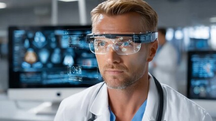 Innovative Vision: A medical professional peers intently, using cutting-edge augmented reality glasses within a modern clinical setting, suggesting advances in medical knowledge and technology.