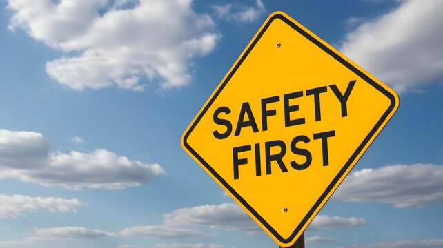 Bright yellow safety first sign against a summer sky urges caution and prevention in construction, manufacturing, and workplace environments
