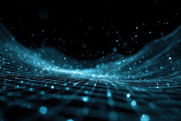 Abstract depiction of glowing turquoise particles and lines floating against a dark background