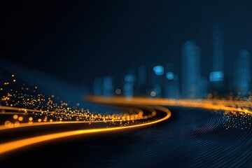 Abstract city with glowing energy trails, blurred skyscrapers, and dark blue atmosphere