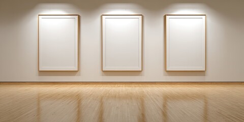Gallery with three framed blank canvases on a wall, illuminated and wood floor
