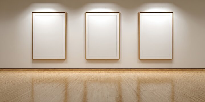 Gallery with three framed blank canvases on a wall, illuminated and wood floor