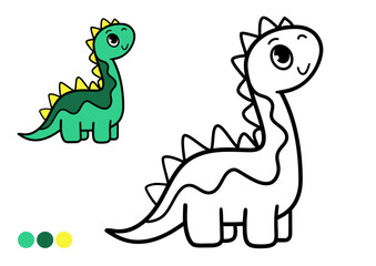 Cute cartoon dinosaur childrens coloring book page with color example. Funny smiling prehistoric dinosaur. Black and white outline illustration.