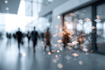 Business professionals walking through a bright, modern building with a 3D cube graphic overlay