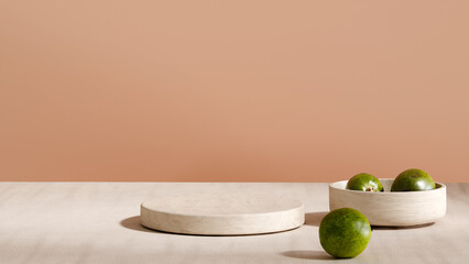 Horizontal stone podium and green guava bowl 3D render