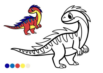 Cute cartoon dinosaur childrens coloring book page with color example. Striped predatory dinosaur with spiky crest on back. Black and white outline drawing.
