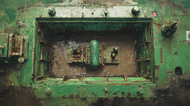 A top-down view of a robust, heavy industrial machine, revealing its intricate inner workings. The machine's steel components stand out prominently, highlighting its role in large-scale processes