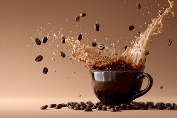Dynamic coffee splash from a dark cup with numerous roasted beans flying and scattering