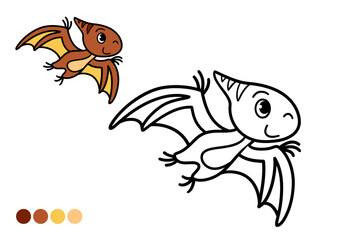 Cute cartoon dinosaur childrens coloring book page. Funny flying pterodactyl. Black and white outline illustration.