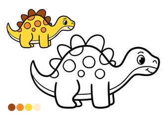 Cute cartoon dinosaur childrens coloring book page. Adorable stegosaurus with round spots and plates. Black and white outline illustration.