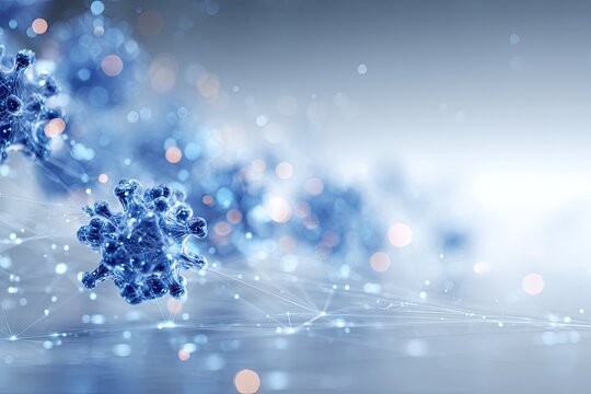 Digital render depicts microscopic, spherical structures in blue hues amidst a network of lines and particles