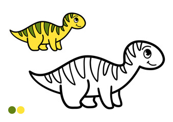 Cute cartoon dinosaur childrens coloring book page. Simple outline drawing with color example.