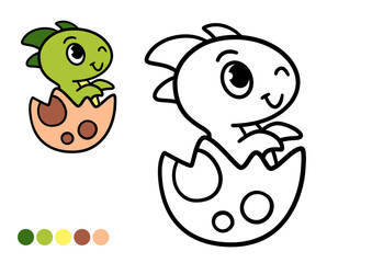 Cute baby dinosaur hatching from egg childrens coloring book page. Simple outline illustration with happy prehistoric animal.