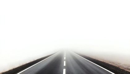 Straight asphalt road with white lines disappearing into dense fog in nature