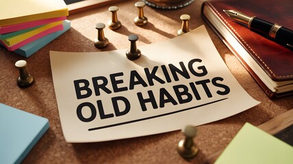Motivational message breaking old habits for a new you, golden push pins on a cork board with a journal and fountain pen, inspiring positive change today