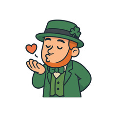 Irish leprechaun blowing kiss. Cute cartoon leprechaun character in green outfit and hat
