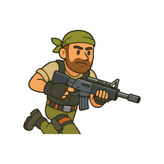 Obraz premium Running soldier with rifle. Tactical fighter rushing into battle. Military commando sprinting with gun.