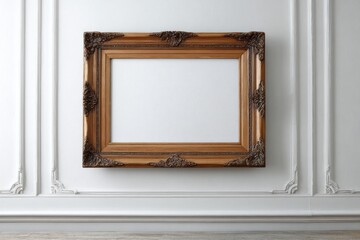 Ornate wooden picture frame hangs centered on a classic white paneled wall with empty space for content