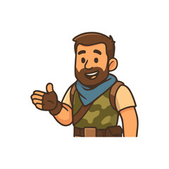 Friendly soldier waving hand. Smiling military fighter greeting. Cheerful commando character saying hello.
