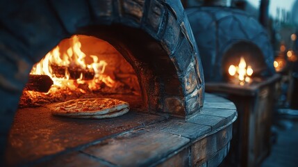 A hot pizza bakes in a rustic, stone wood-fired oven with flames. Use for restaurant menus, food blogs, or promoting pizza businesses.