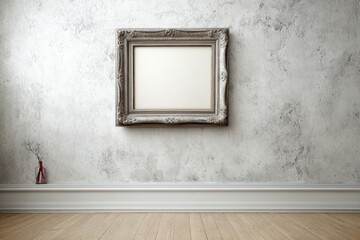 Ornate empty picture frame hangs centered on a distressed concrete wall above light wood flooring