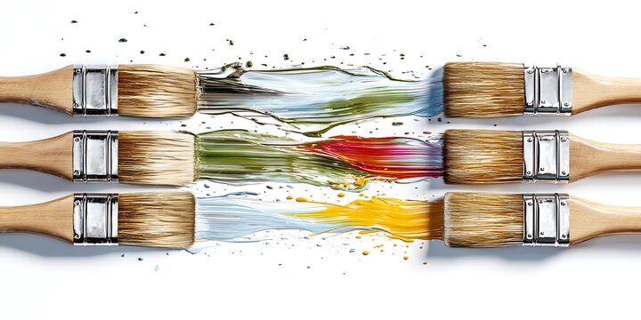 A creative arrangement of paintbrushes with colorful paint strokes, creating a vibrant and artistic composition isolated on white background, showcasing artistic expression - Powered by Adobe