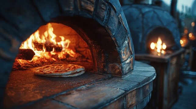 A hot pizza bakes in a rustic, stone wood-fired oven with flames. Use for restaurant menus, food blogs, or promoting pizza businesses.