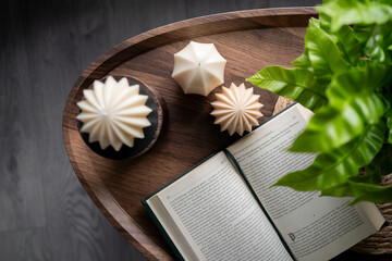 Decorative Sculpted Candles on Wooden Table With Plant and Open Book