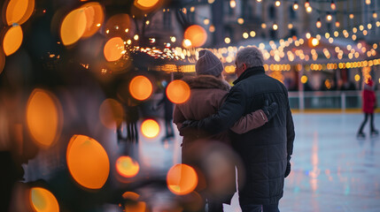 Elderly couple enjoying a romantic evening at an outdoor ice skating rink, surrounded by glowing fairy lights and festive decorations. Valentine's Day concept