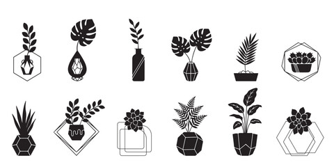 Geometric vector set of houseplant silhouettes for modern minimalist interior design on transparent background.