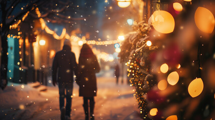 Couple walking hand in hand through a snowy street adorned with festive lights and decorations, creating a warm and romantic holiday atmosphere during winter evening stroll. Valentine's Day concept