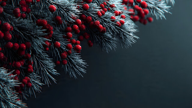 Christmas tree with red flowers on a dark blue background, Christmas and New Year celebration card, space for text, greeting card, special day - Powered by Adobe