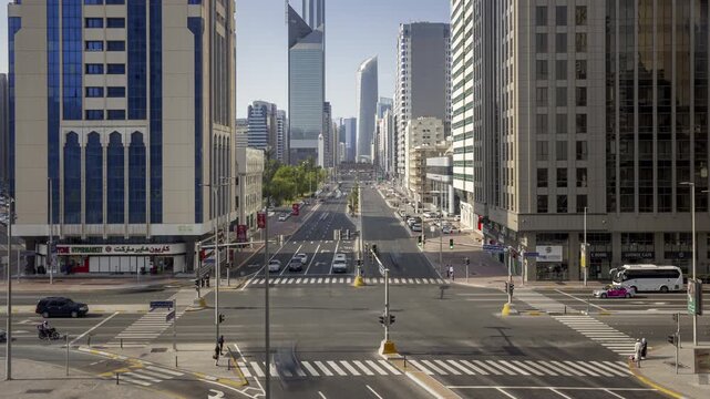 sunny day abu dhabi city center traffic street crossroad rooftop panorama timelapse 4k united arab emirates  