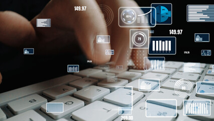 A dynamic scene featuring hands typing on a keyboard, surrounded by various digital infographics and data visualizations representing technology and business insights. Xenic