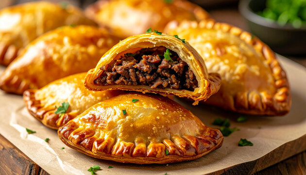 Golden beef empanadas, crispy pastry filled with savory meat, tasty food, delicious meal or snack