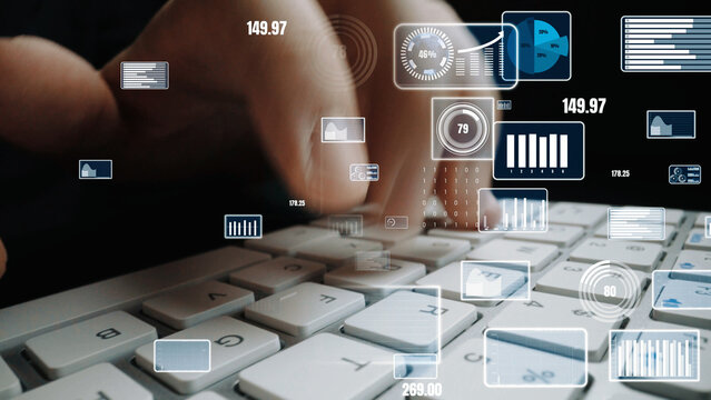 A dynamic scene featuring hands typing on a keyboard, surrounded by various digital infographics and data visualizations representing technology and business insights. Xenic