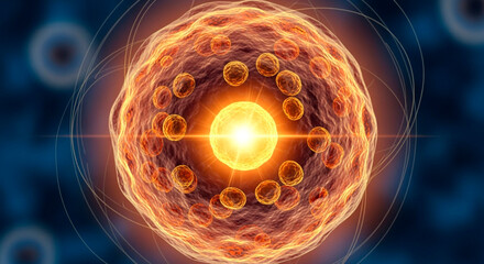 Radiant cell structure with glowing nucleus for scientific research and medical breakthroughs reveals cutting-edge biotech innovation in vibrant detail