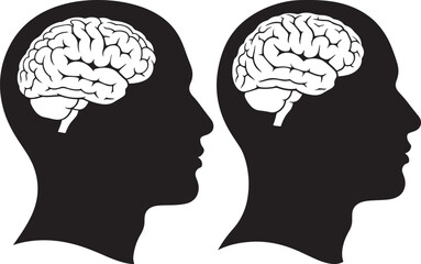 Two black silhouette profiles showing detailed human brains silhouette