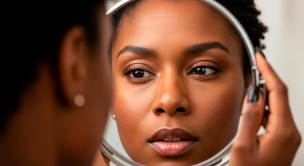 Elegant African American woman admiring her flawless skin in a mirror, radiant beauty and self-care in a studio setting, perfect for skincare campaigns