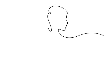 Woman face in profile, one line drawing animation. Animated One continuous line drawing of model women's face artwork. Video clip with alpha channel. - Powered by Adobe
