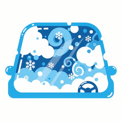 Snowy winter scene viewed through car windshield with steering wheel  