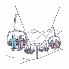 Skiers riding on a ski lift in the mountains during winter  