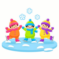 Three children ice skating and enjoying winter on frozen pond  