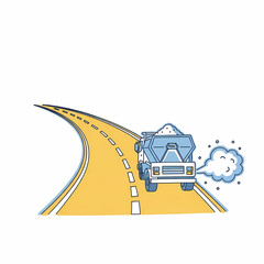 Salt truck driving on a winding highway with snow background  