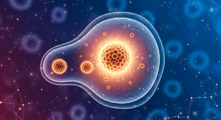 Captivating cell division illustration for science presentations and medical research materials showing cellular biology and the miracle of life under a microscope