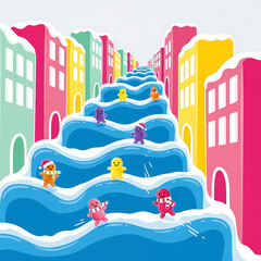 Colorful snowy city with animated figures sliding down icy slopes  