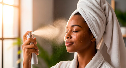 Relaxing skincare routine for a radiant glow African American woman sprays refreshing facial mist on her face in bathroom with towel on head