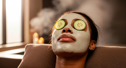 Radiant woman enjoying a refreshing spa day with facial mask and cucumber slices, feeling rejuvenated and beautiful in a serene wellness retreat