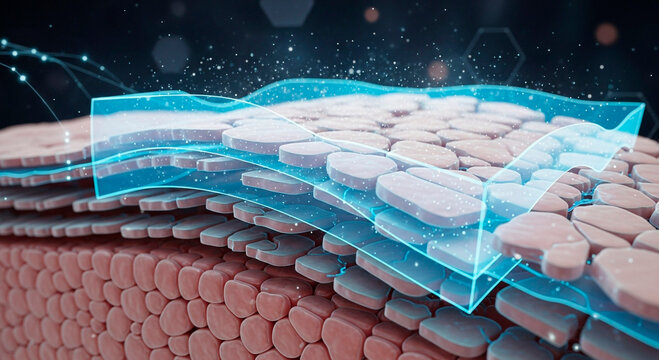 Innovative skincare technology protecting and hydrating skin layers with advanced formula, demonstrating healthy barrier function for radiant complexion